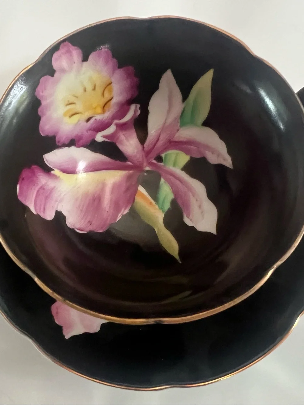 Vintage Black Floral Gold-Rim Teacup and Saucer Made in Japan